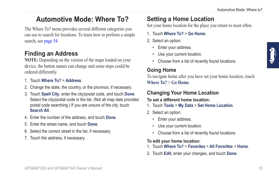 Automotive mode: where to, Finding an address, Setting a home location | Garmin GPSMAP 640 User Manual | Page 61 / 84