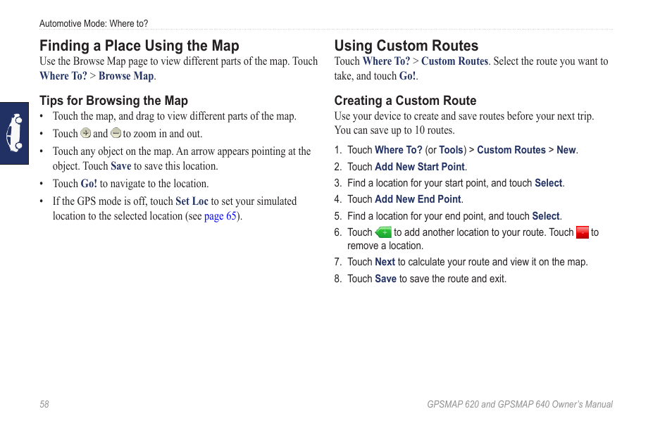 Finding a place using the map, Using custom routes | Garmin GPSMAP 640 User Manual | Page 64 / 84