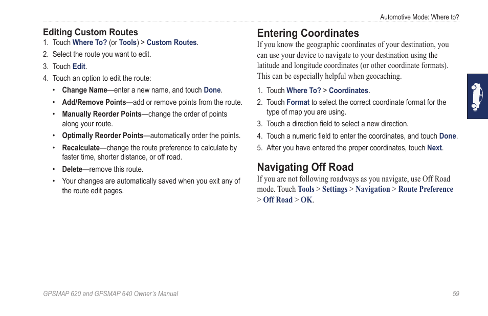 Entering coordinates, Navigating off road | Garmin GPSMAP 640 User Manual | Page 65 / 84