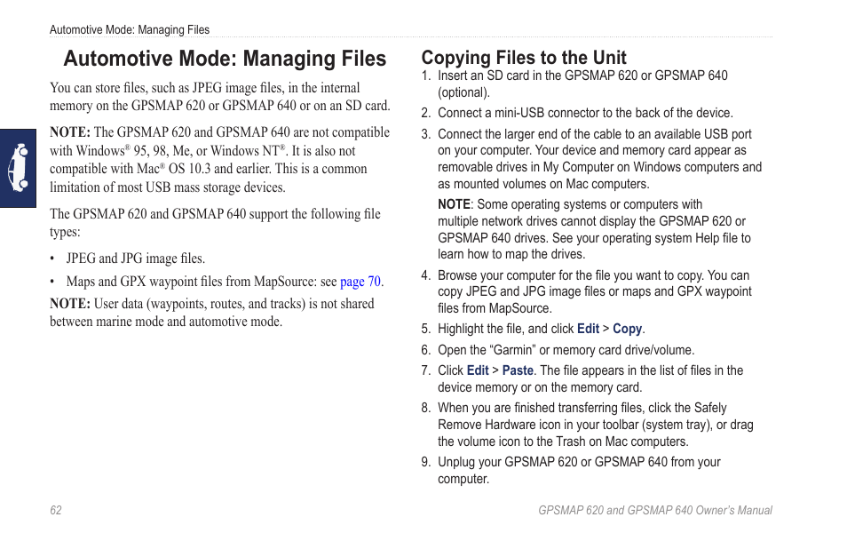 Automotive mode: managing files, Copying files to the unit | Garmin GPSMAP 640 User Manual | Page 68 / 84