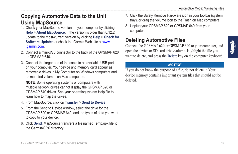 Deleting automotive files | Garmin GPSMAP 640 User Manual | Page 69 / 84
