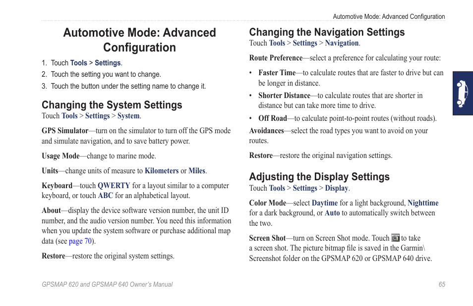 Automotive mode: advanced configuration, Changing the system settings, Changing the navigation settings | Adjusting the display settings | Garmin GPSMAP 640 User Manual | Page 71 / 84
