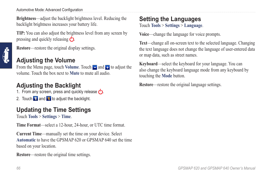 Adjusting the volume, Adjusting the backlight, Updating the time settings | Setting the languages | Garmin GPSMAP 640 User Manual | Page 72 / 84
