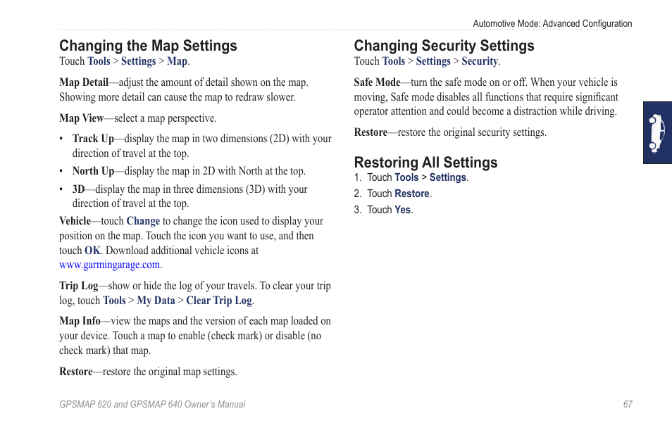 Changing the map settings, Changing security settings, Restoring all settings | Garmin GPSMAP 640 User Manual | Page 73 / 84