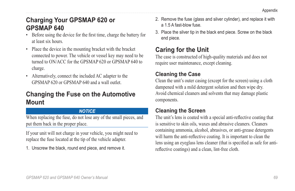 Charging your gpsmap 620 or gpsmap 640, Changing the fuse on the automotive mount, Caring for the unit | Garmin GPSMAP 640 User Manual | Page 75 / 84