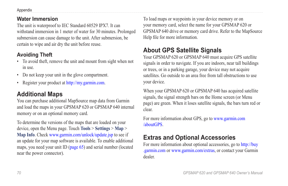 Additional maps, About gps satellite signals, Extras and optional accessories | Garmin GPSMAP 640 User Manual | Page 76 / 84