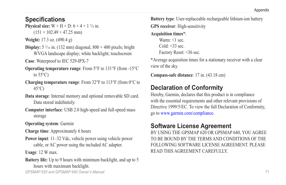 Specifications, Declaration of conformity, Software license agreement | Garmin GPSMAP 640 User Manual | Page 77 / 84