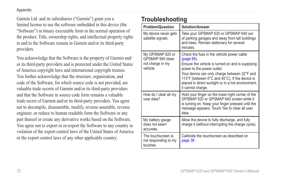 Troubleshooting | Garmin GPSMAP 640 User Manual | Page 78 / 84