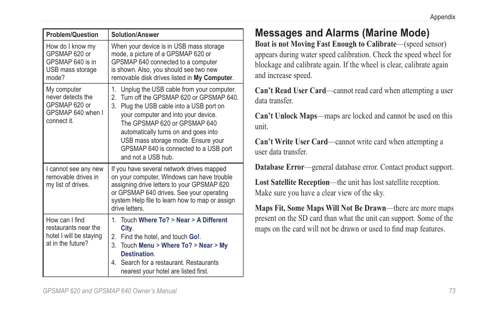 Messages and alarms (marine mode) | Garmin GPSMAP 640 User Manual | Page 79 / 84