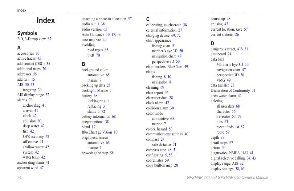 Index | Garmin GPSMAP 640 User Manual | Page 80 / 84
