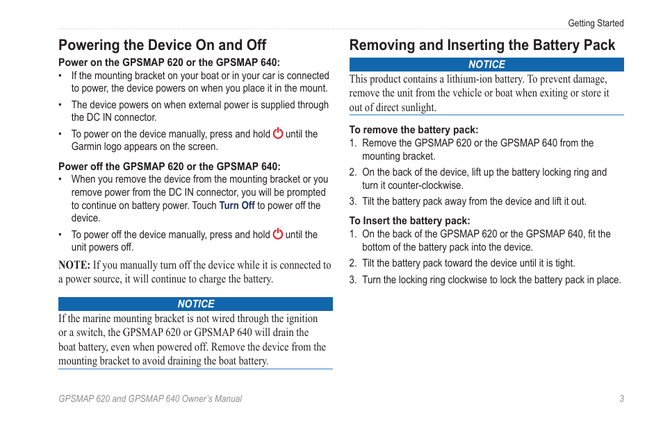 Powering the device on and off, Removing and inserting the battery pack | Garmin GPSMAP 640 User Manual | Page 9 / 84