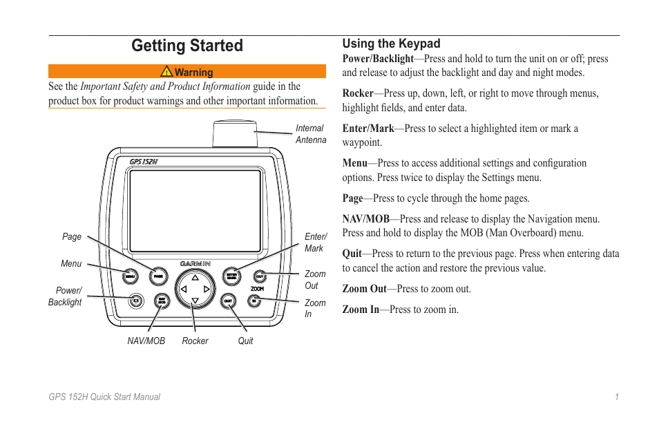 Quick start manual, Getting started | Garmin GPS 152H User Manual | Page 3 / 48