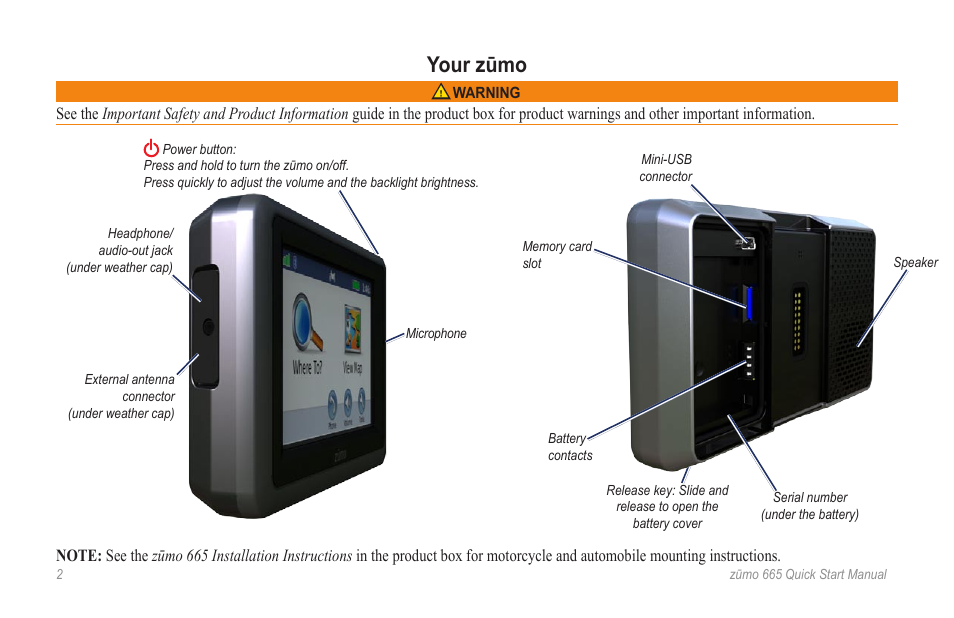 Your zūmo | Garmin zumo 665LM User Manual | Page 2 / 8