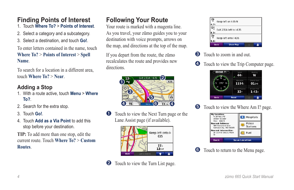 Finding points of interest, Following your route | Garmin zumo 665LM User Manual | Page 4 / 8