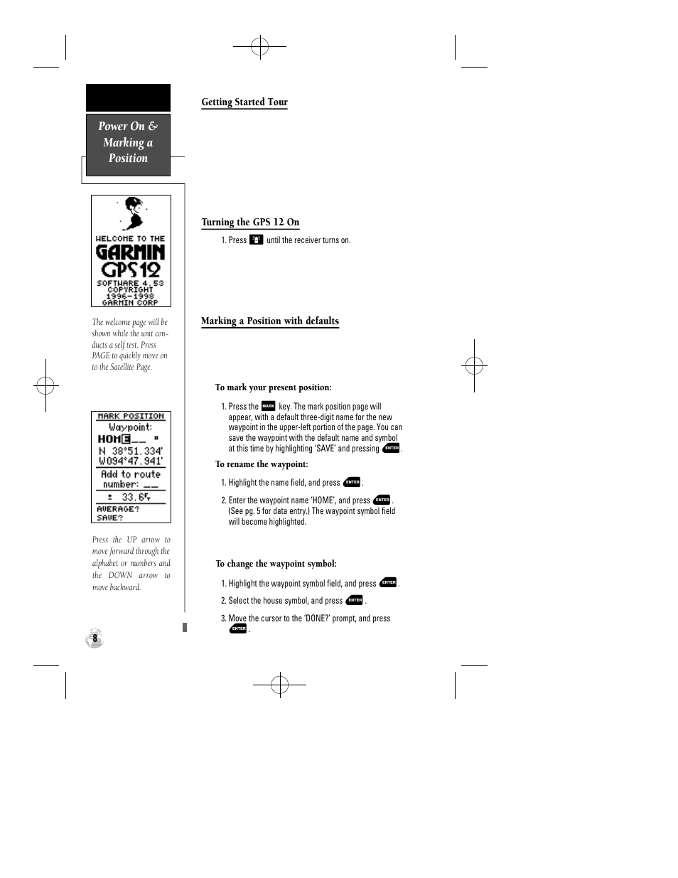 Power on & marking a position | Garmin GPS 12 User Manual | Page 12 / 66