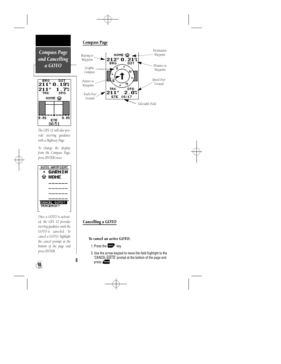 Compass page and cancelling a goto | Garmin GPS 12 User Manual | Page 14 / 66