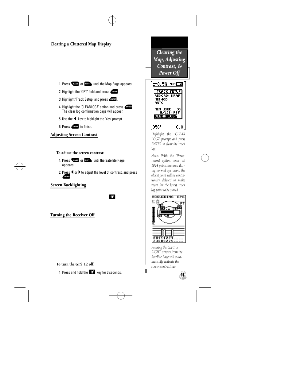 Clearing the map, adjusting contrast, & power off | Garmin GPS 12 User Manual | Page 15 / 66