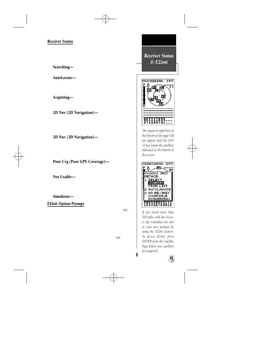 Receiver status & ezinit | Garmin GPS 12 User Manual | Page 17 / 66