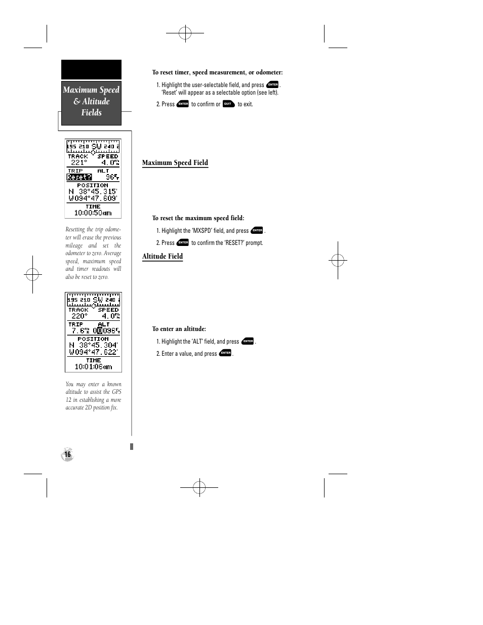 Maximum speed & altitude fields | Garmin GPS 12 User Manual | Page 20 / 66