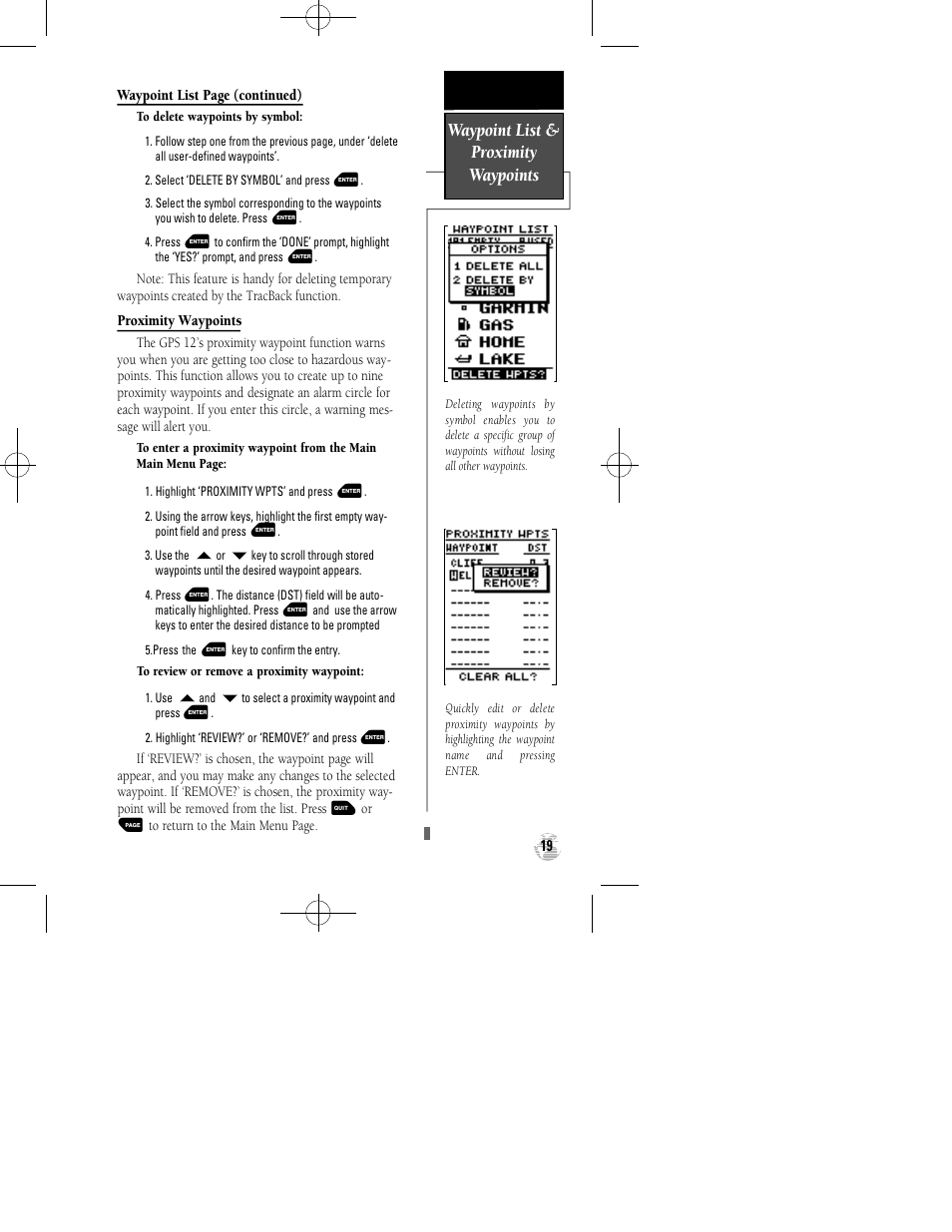 Waypoint list & proximity waypoints | Garmin GPS 12 User Manual | Page 23 / 66