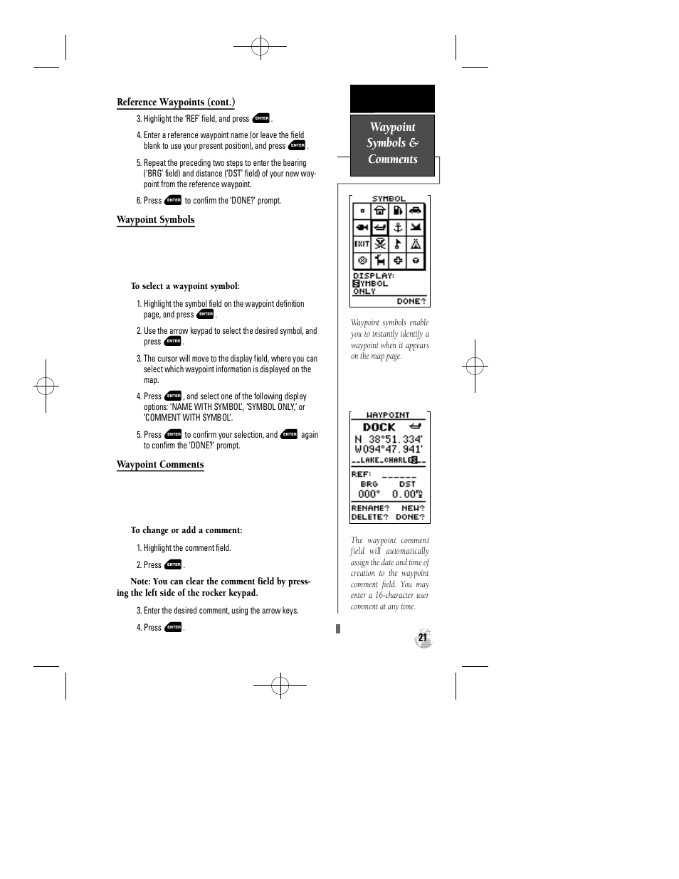 Waypoint symbols & comments | Garmin GPS 12 User Manual | Page 25 / 66