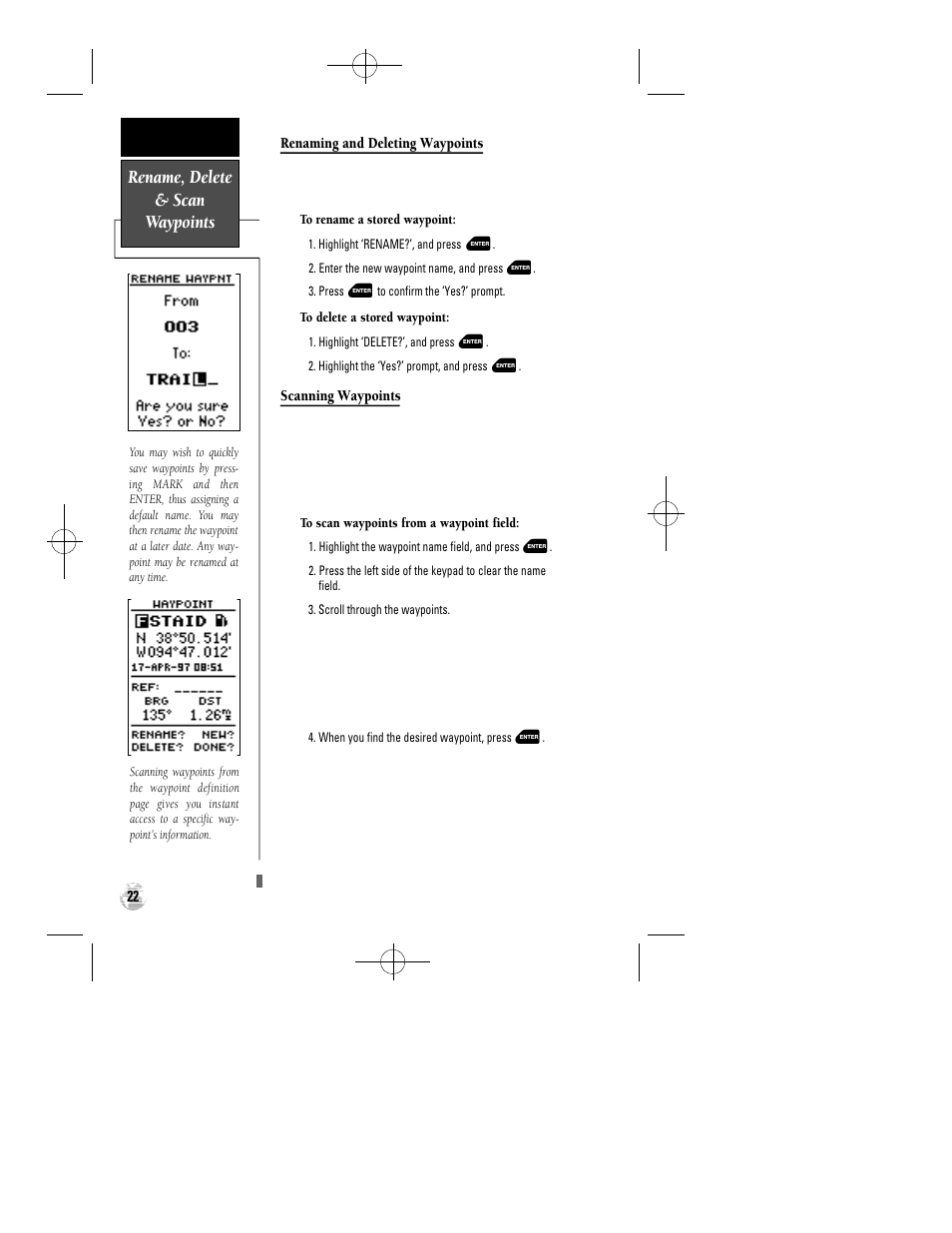 Rename, delete & scan waypoints | Garmin GPS 12 User Manual | Page 26 / 66