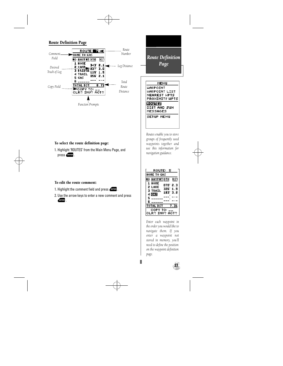 Route definition page | Garmin GPS 12 User Manual | Page 31 / 66