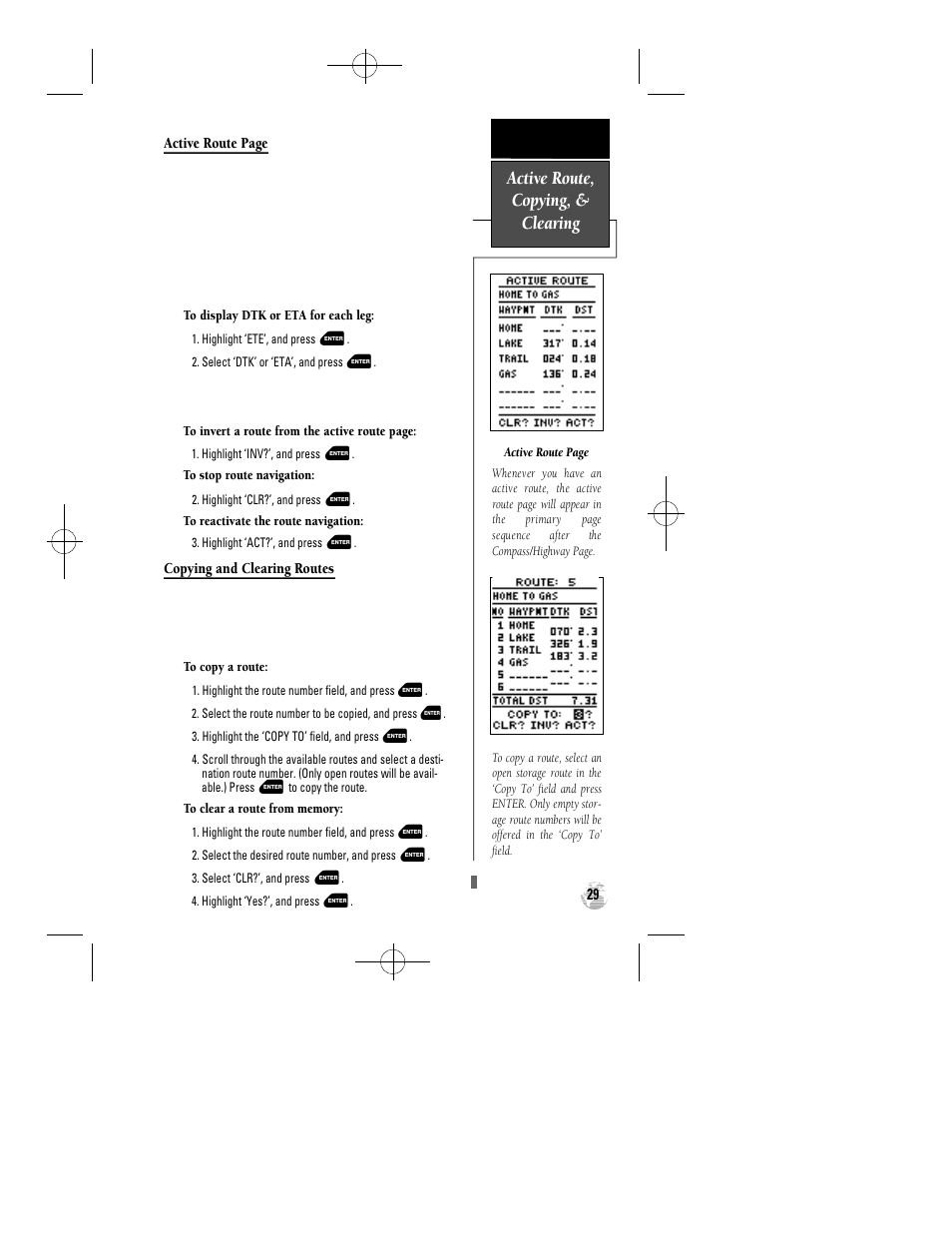 Active route, copying, & clearing | Garmin GPS 12 User Manual | Page 33 / 66