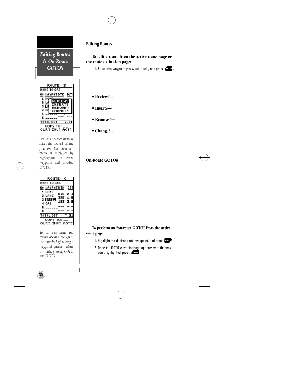 Editing routes & on-route goto’s | Garmin GPS 12 User Manual | Page 34 / 66