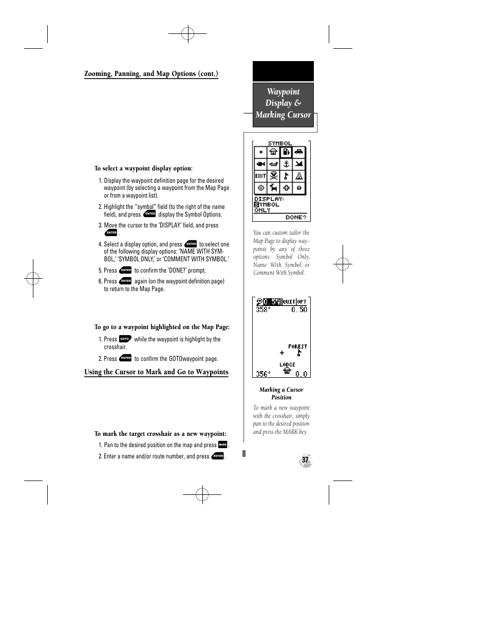 Waypoint display & marking cursor | Garmin GPS 12 User Manual | Page 41 / 66