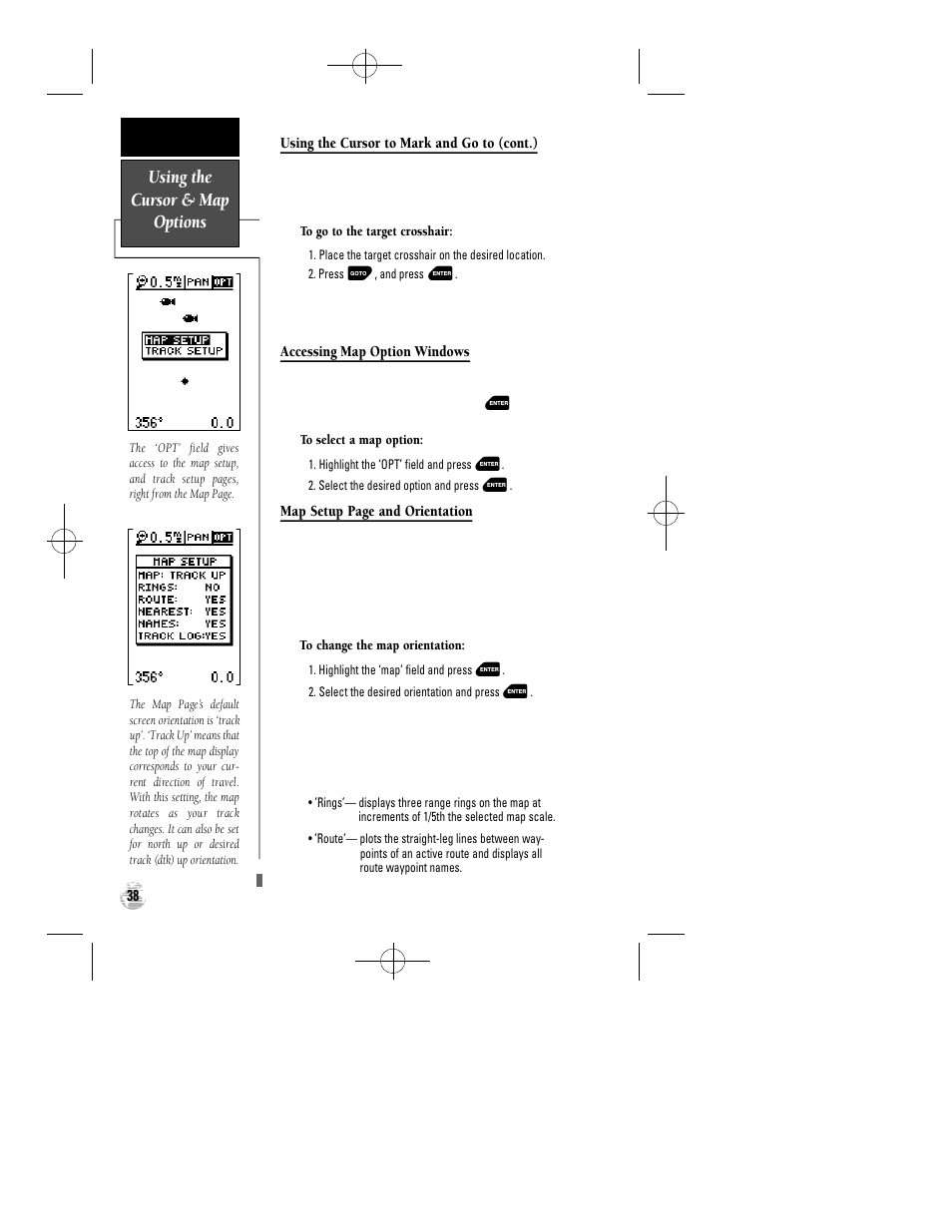 Using the cursor & map options | Garmin GPS 12 User Manual | Page 42 / 66