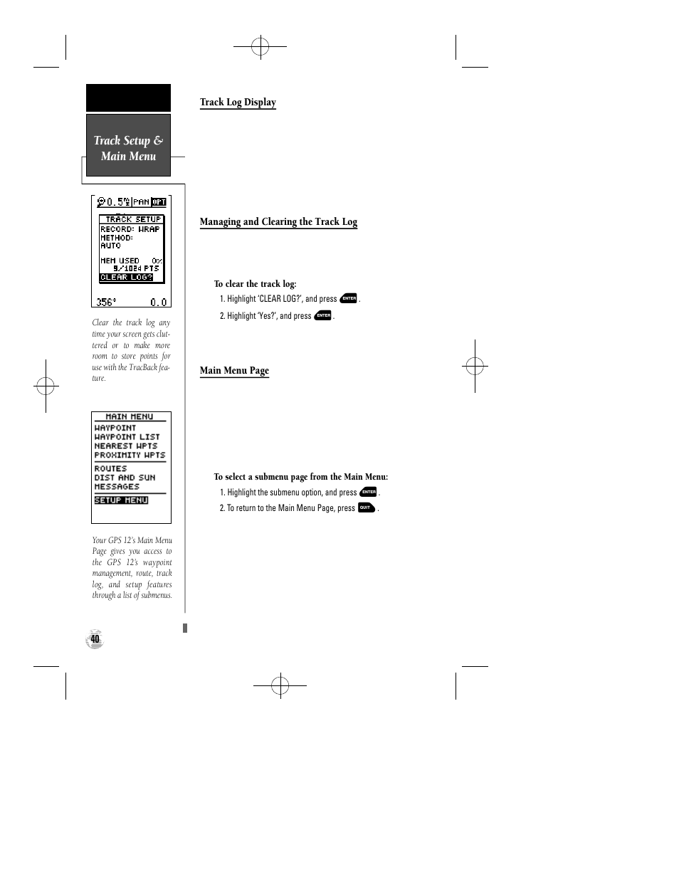 Track setup & main menu | Garmin GPS 12 User Manual | Page 44 / 66