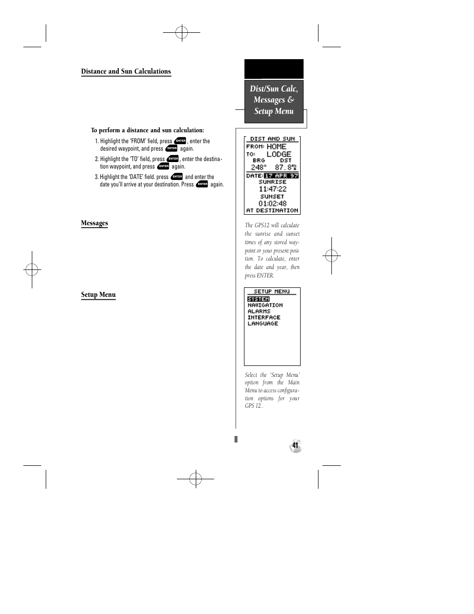 Dist/sun calc, messages & setup menu | Garmin GPS 12 User Manual | Page 45 / 66