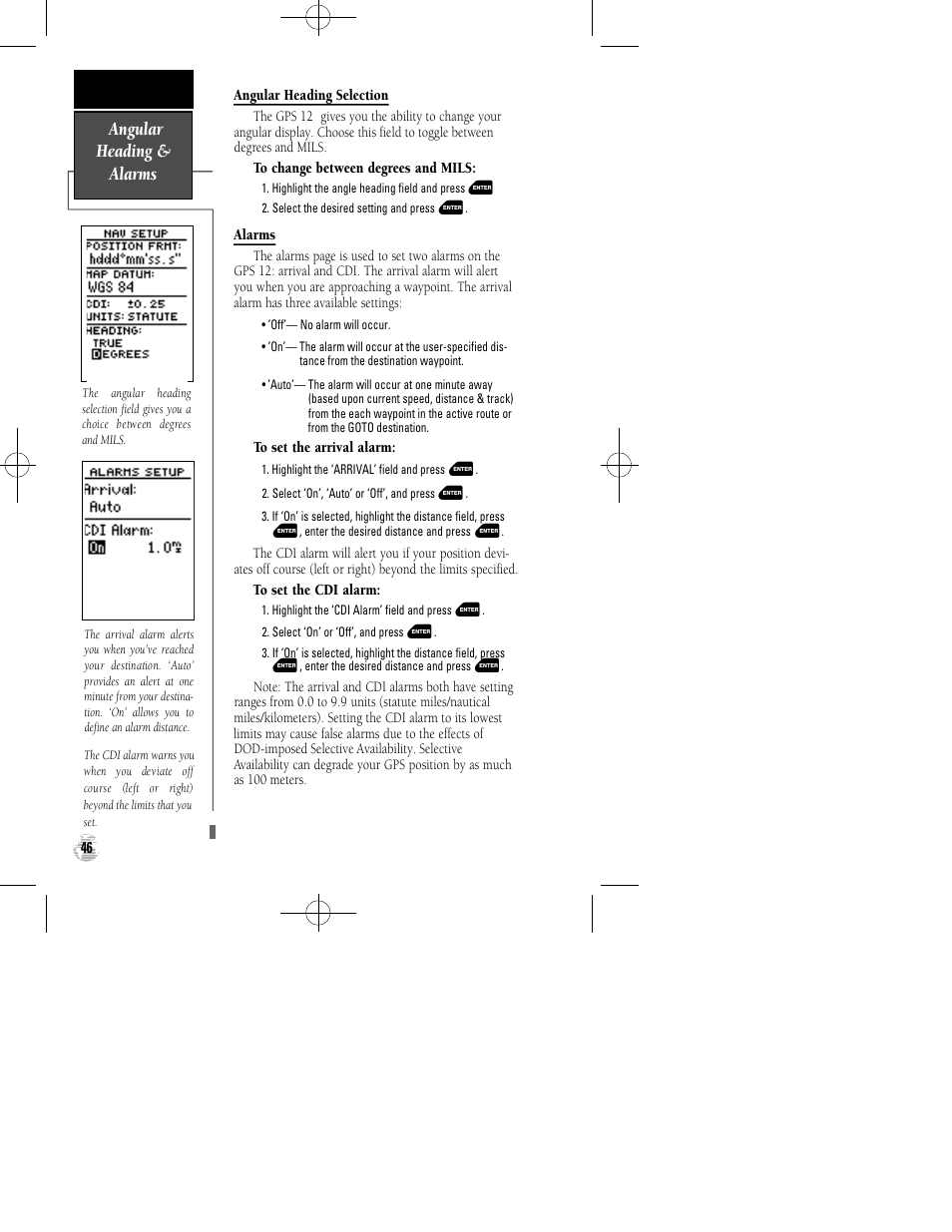 Angular heading & alarms | Garmin GPS 12 User Manual | Page 50 / 66