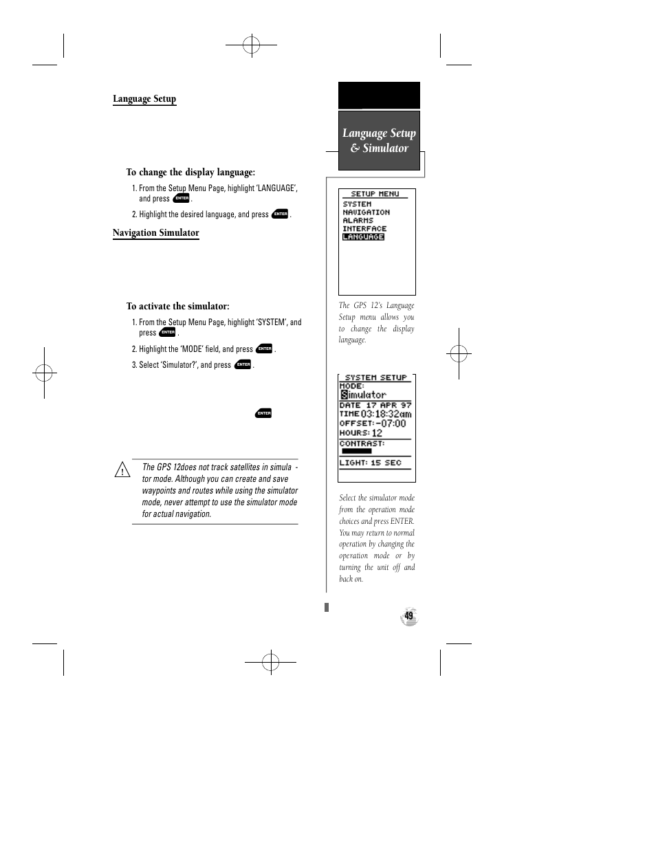 Language setup & simulator | Garmin GPS 12 User Manual | Page 53 / 66