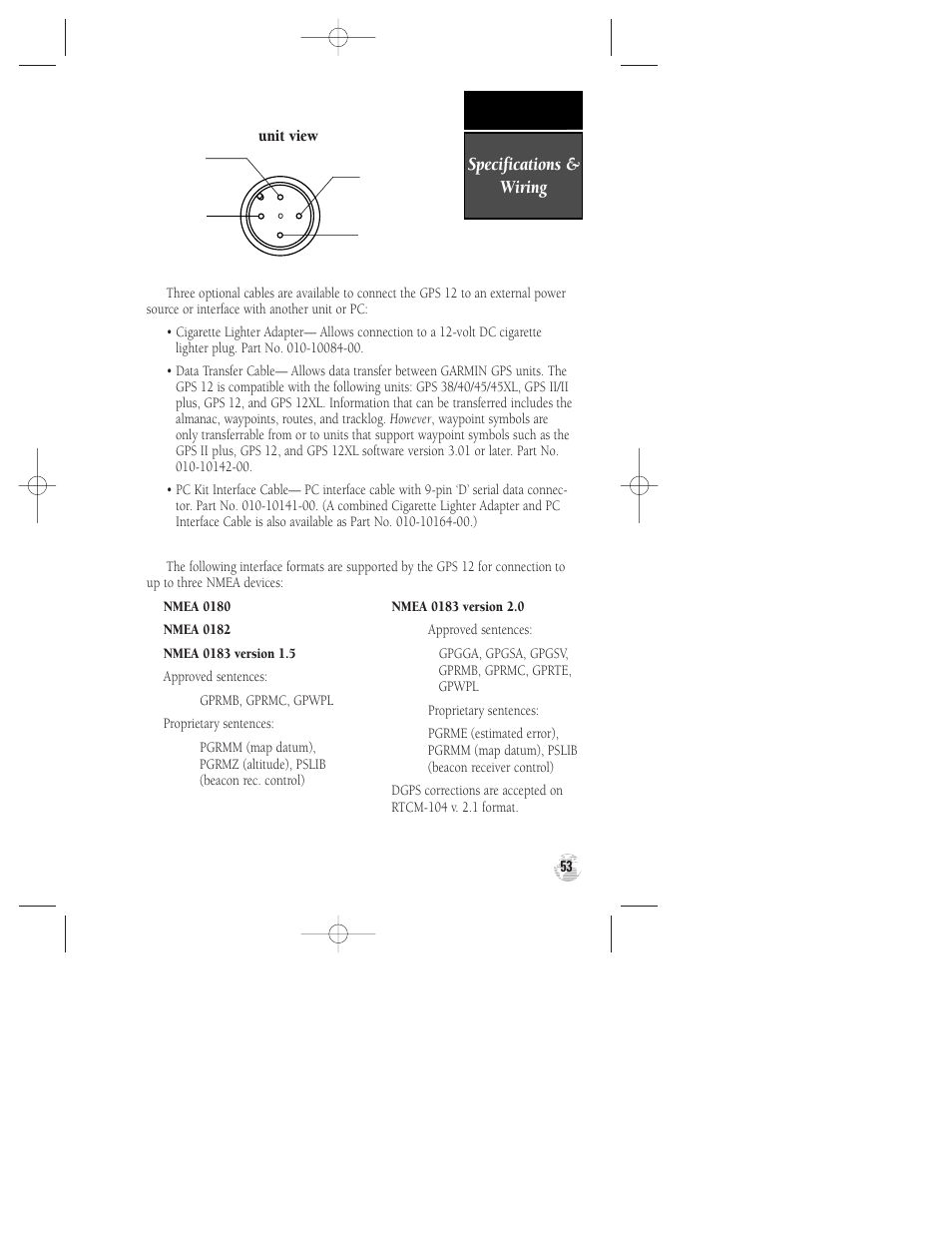 Specifications & wiring, Unit view | Garmin GPS 12 User Manual | Page 57 / 66