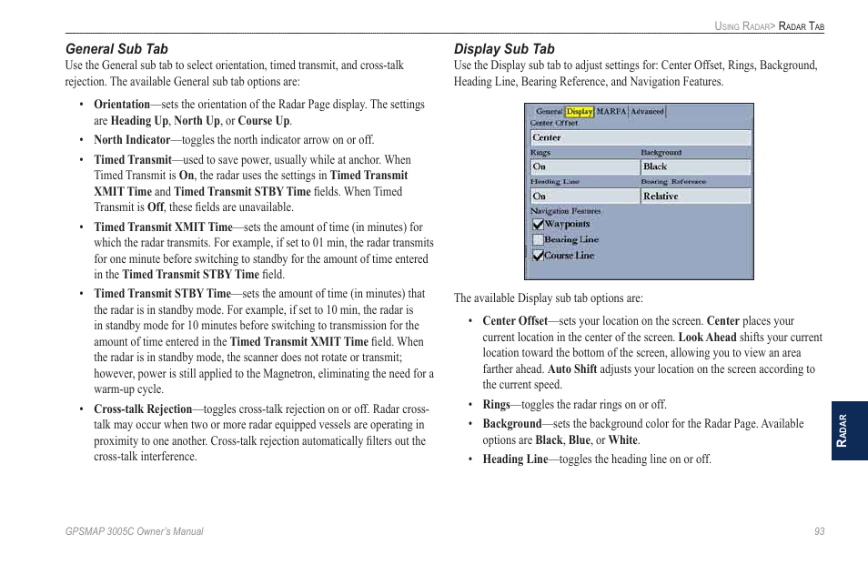 General sub tab, Display sub tab | Garmin GPSMAP 3005C User Manual | Page 101 / 124