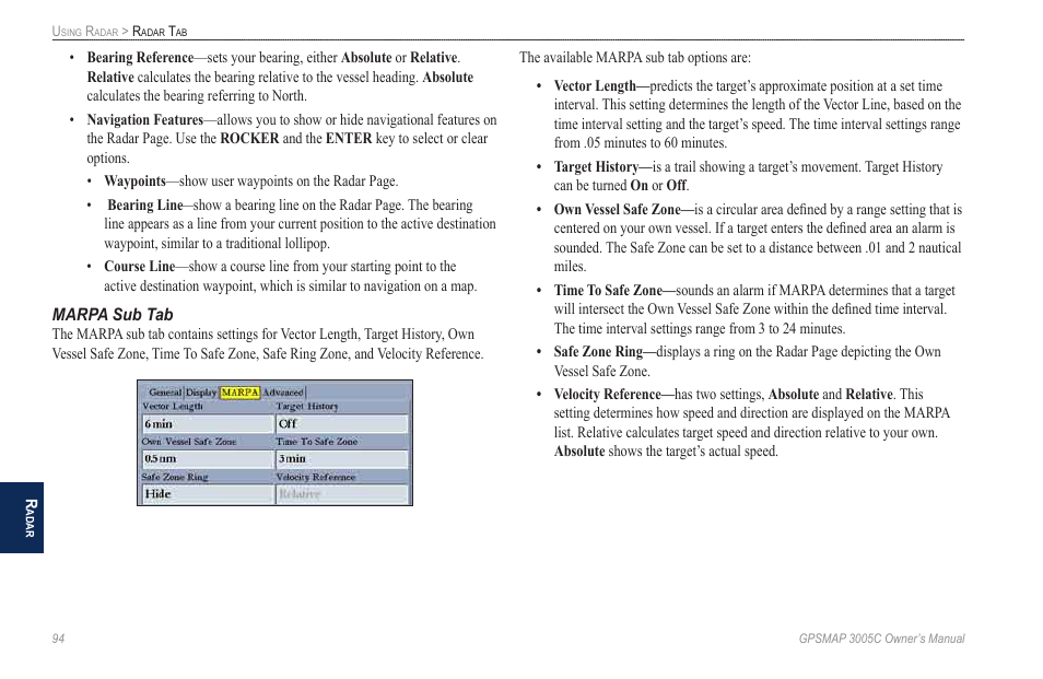 Marpa sub tab | Garmin GPSMAP 3005C User Manual | Page 102 / 124