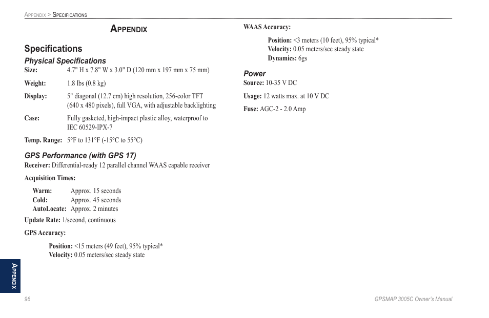 Appendix, Specifications | Garmin GPSMAP 3005C User Manual | Page 104 / 124