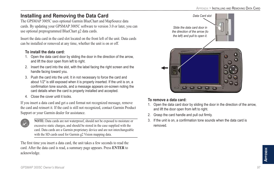 Installing and removing the data card | Garmin GPSMAP 3005C User Manual | Page 105 / 124