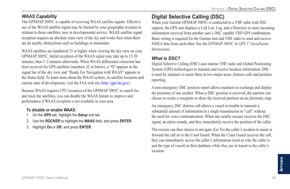 Waas capability, Digital selective calling (dsc), What is dsc | Garmin GPSMAP 3005C User Manual | Page 107 / 124