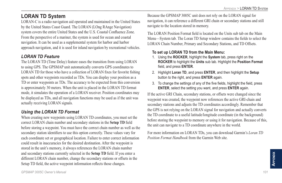 Loran td system | Garmin GPSMAP 3005C User Manual | Page 109 / 124