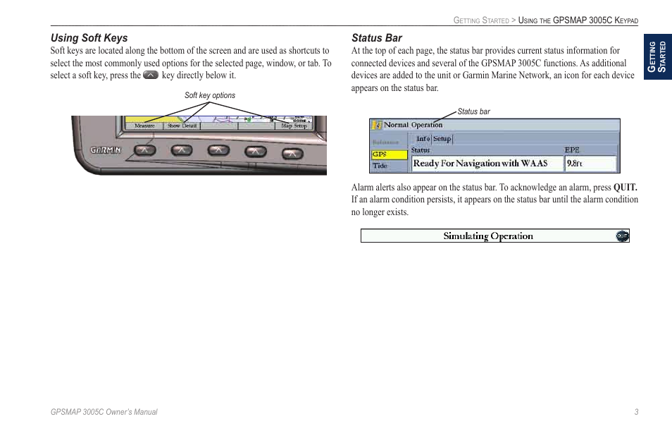 Using soft keys, Status bar | Garmin GPSMAP 3005C User Manual | Page 11 / 124