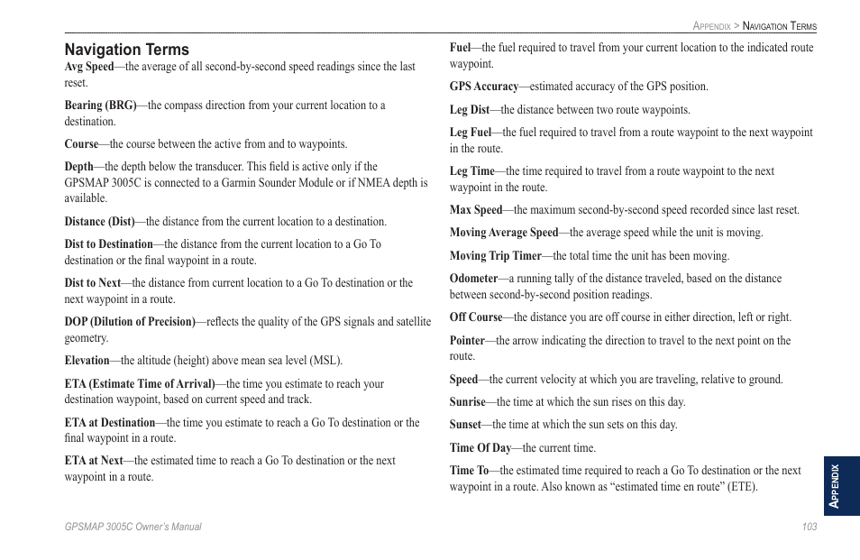 Navigation terms | Garmin GPSMAP 3005C User Manual | Page 111 / 124
