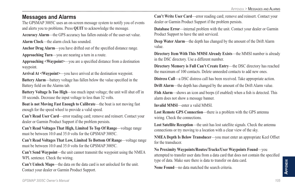 Messages and alarms | Garmin GPSMAP 3005C User Manual | Page 113 / 124