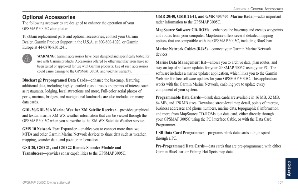 Optional accessories | Garmin GPSMAP 3005C User Manual | Page 115 / 124