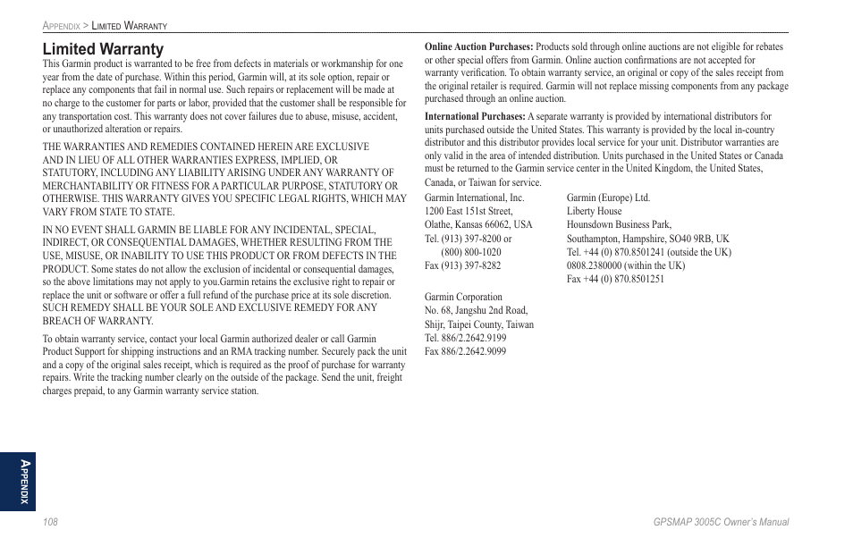 Limited warranty | Garmin GPSMAP 3005C User Manual | Page 116 / 124