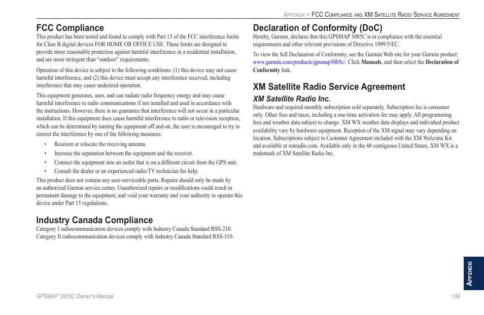 Fcc compliance, Industry canada compliance, Declaration of conformity (doc) | Xm satellite radio service agreement, Xm satellite radio inc | Garmin GPSMAP 3005C User Manual | Page 117 / 124