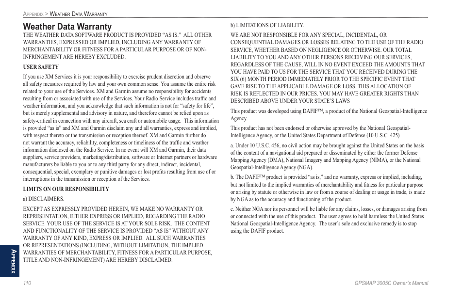 Weather data warranty | Garmin GPSMAP 3005C User Manual | Page 118 / 124