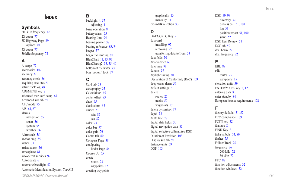 Index, Ndex | Garmin GPSMAP 3005C User Manual | Page 119 / 124